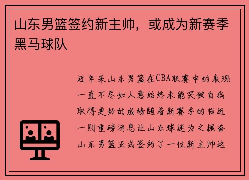 山东男篮签约新主帅，或成为新赛季黑马球队