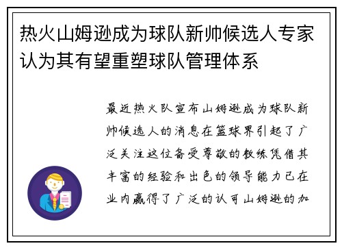 热火山姆逊成为球队新帅候选人专家认为其有望重塑球队管理体系