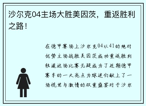 沙尔克04主场大胜美因茨，重返胜利之路！