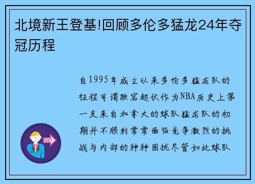 北境新王登基!回顾多伦多猛龙24年夺冠历程