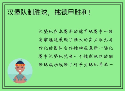 汉堡队制胜球，擒德甲胜利！